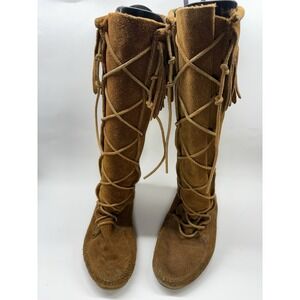 Minnetonka Vtg 1422 Fringe Knee High Moccasin Boots Womens Size 7 Brown Suede